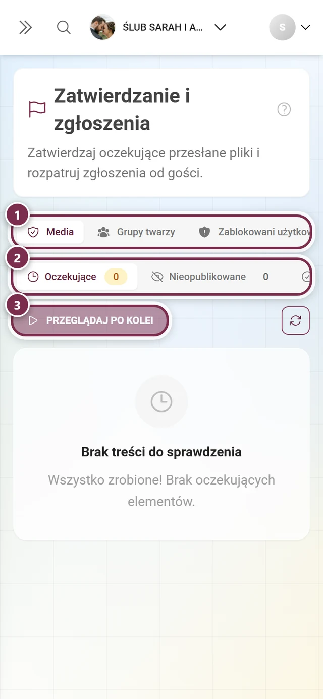 Strona Zatwierdzanie i zgłoszenia w panelu administratora z kartami Media, Zablokowani użytkownicy i Zgłoszenia