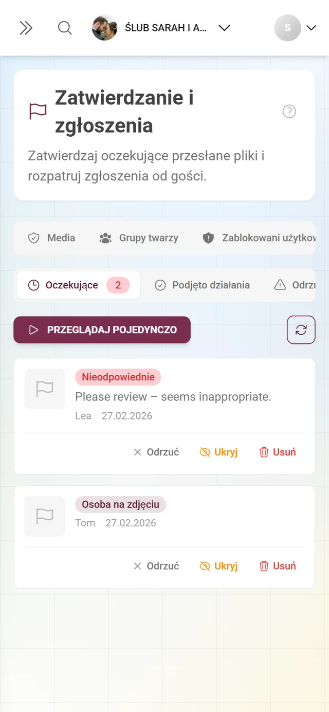Karta Zgłoszenia ze zgłoszonymi treściami, plakietkami powodów i działaniami Odrzuć, Ukryj i Usuń