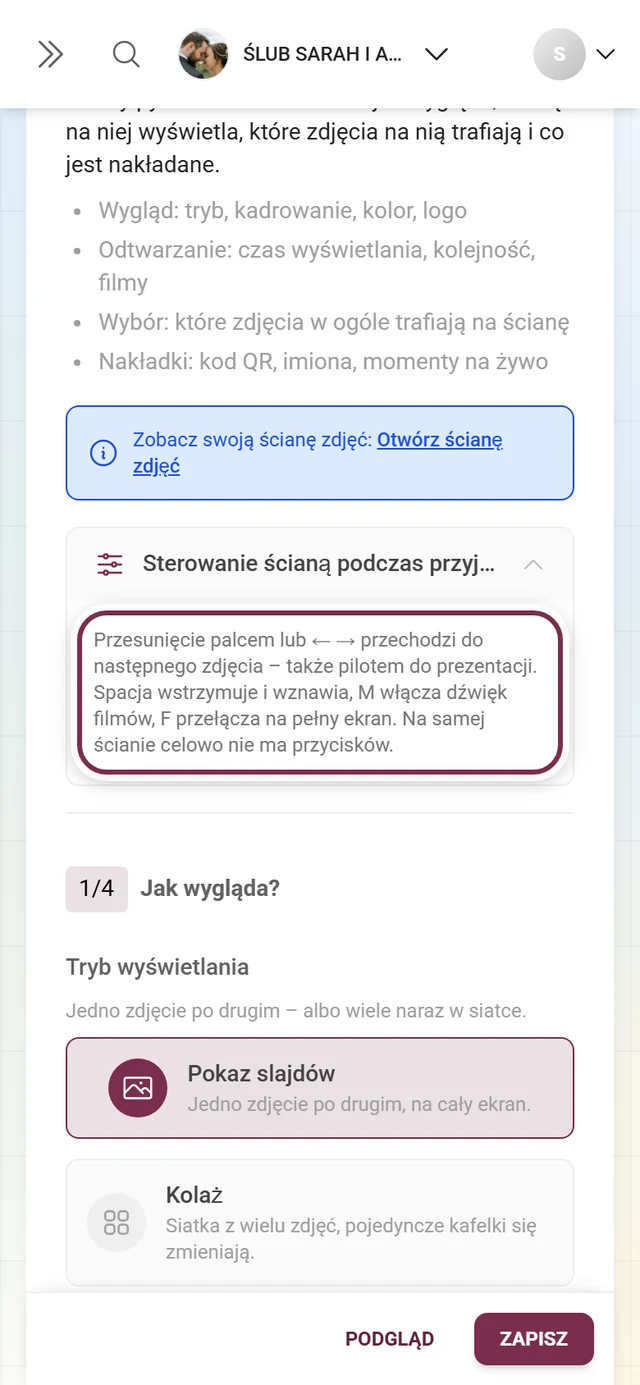 Rozwinięta sekcja Sterowanie ścianą podczas przyjęcia z przypisaniem klawiszy