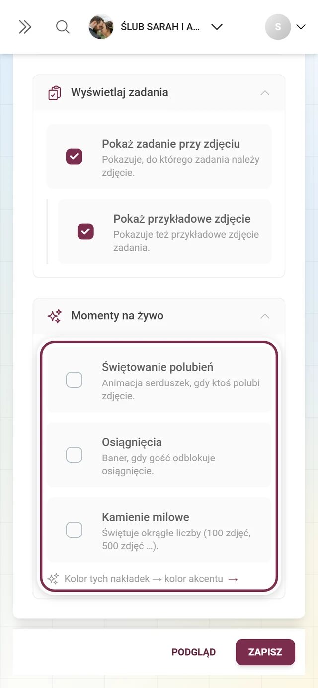 Rozwinięta sekcja Momenty na żywo z przełącznikami Świętowanie polubień, Osiągnięcia i Kamienie milowe
