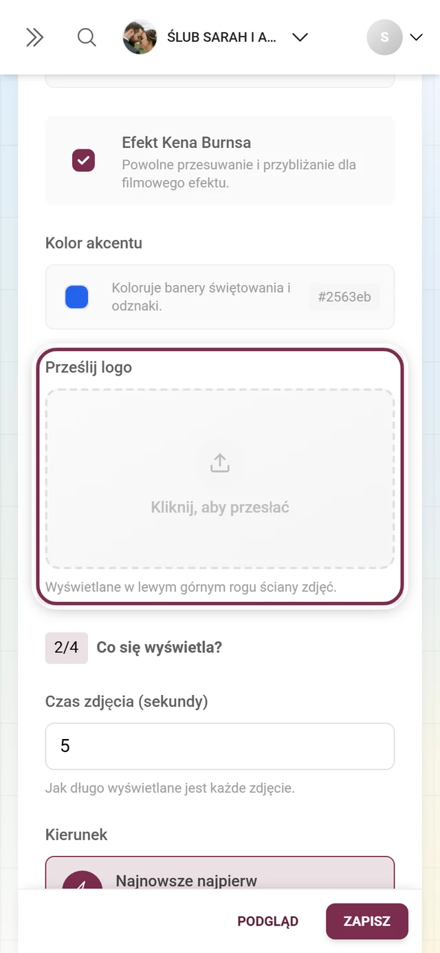 Pole przesyłania logo ściany zdjęć w pytaniu 1 ustawień ściany zdjęć
