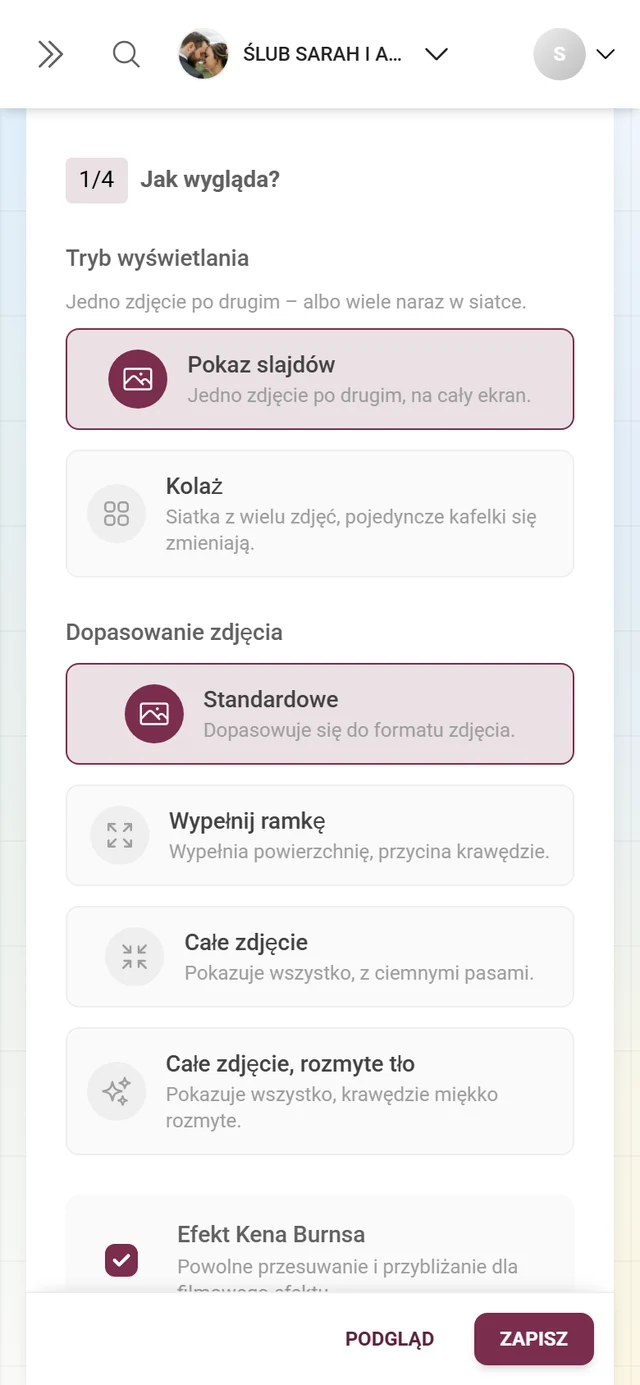 Sekcja 1/4 Jak wygląda z trybem wyświetlania i dopasowaniem zdjęcia