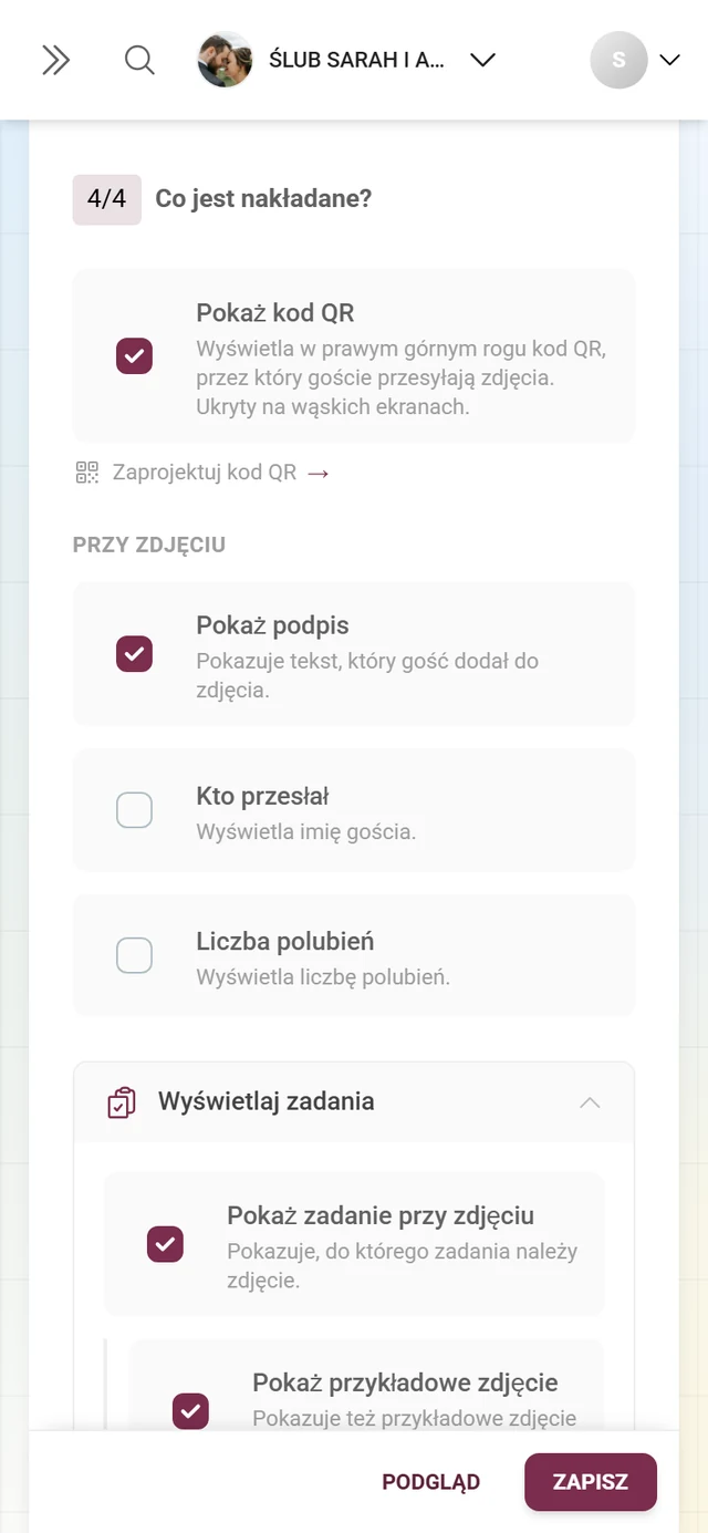 Sekcja 4/4 Co jest nakładane z kodem QR i przełącznikami przy zdjęciu