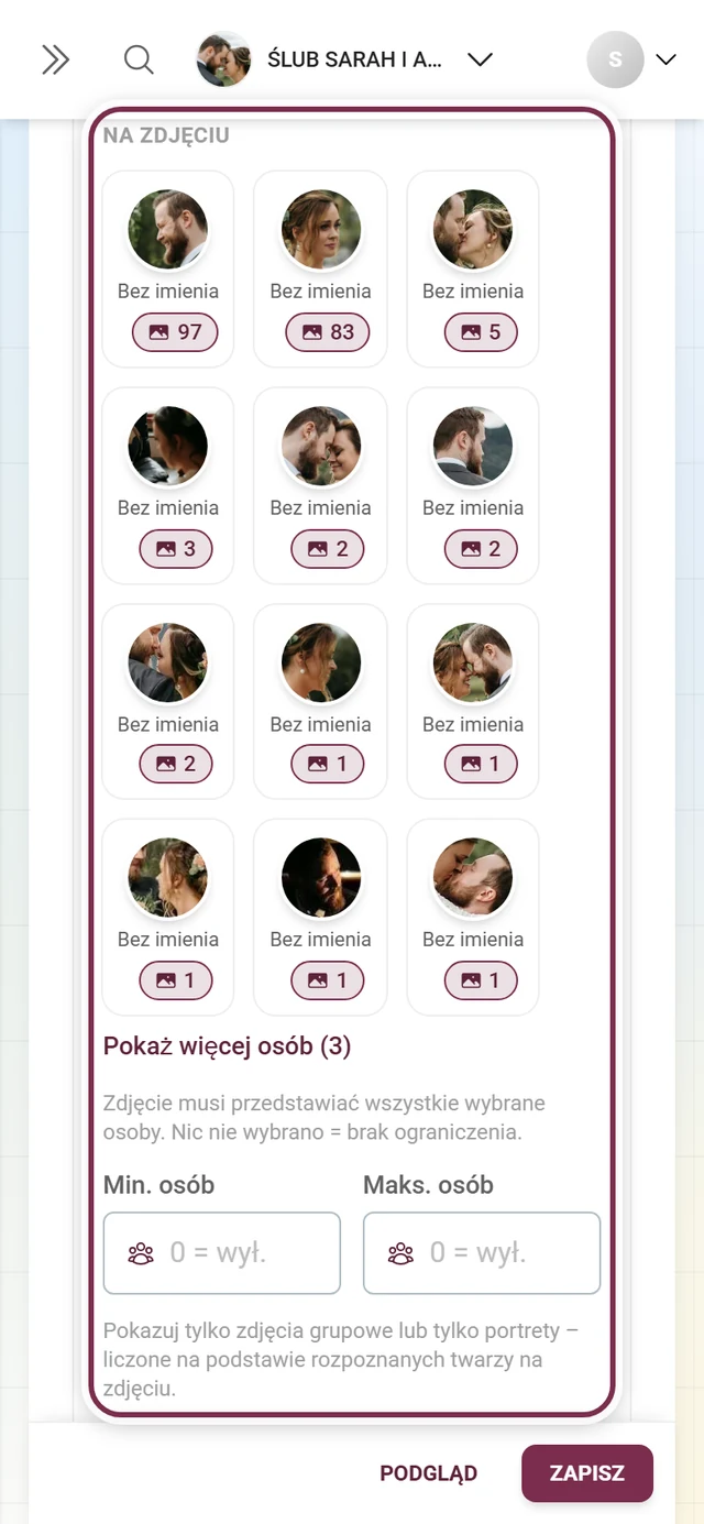 Sekcja Osoby na karcie ściany zdjęć z filtrem osób lub wskazówką dotyczącą rozpoznawania twarzy