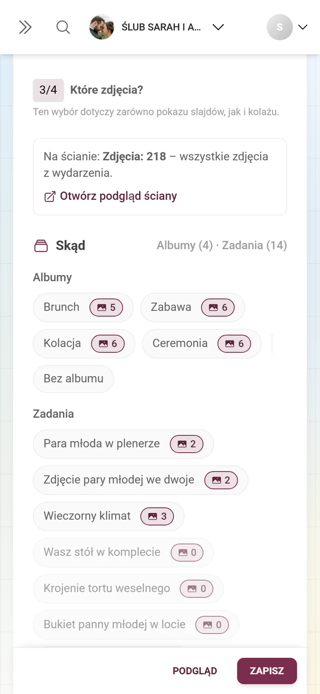 Sekcja 3/4 Które zdjęcia z albumami, zadaniami i typem multimediów