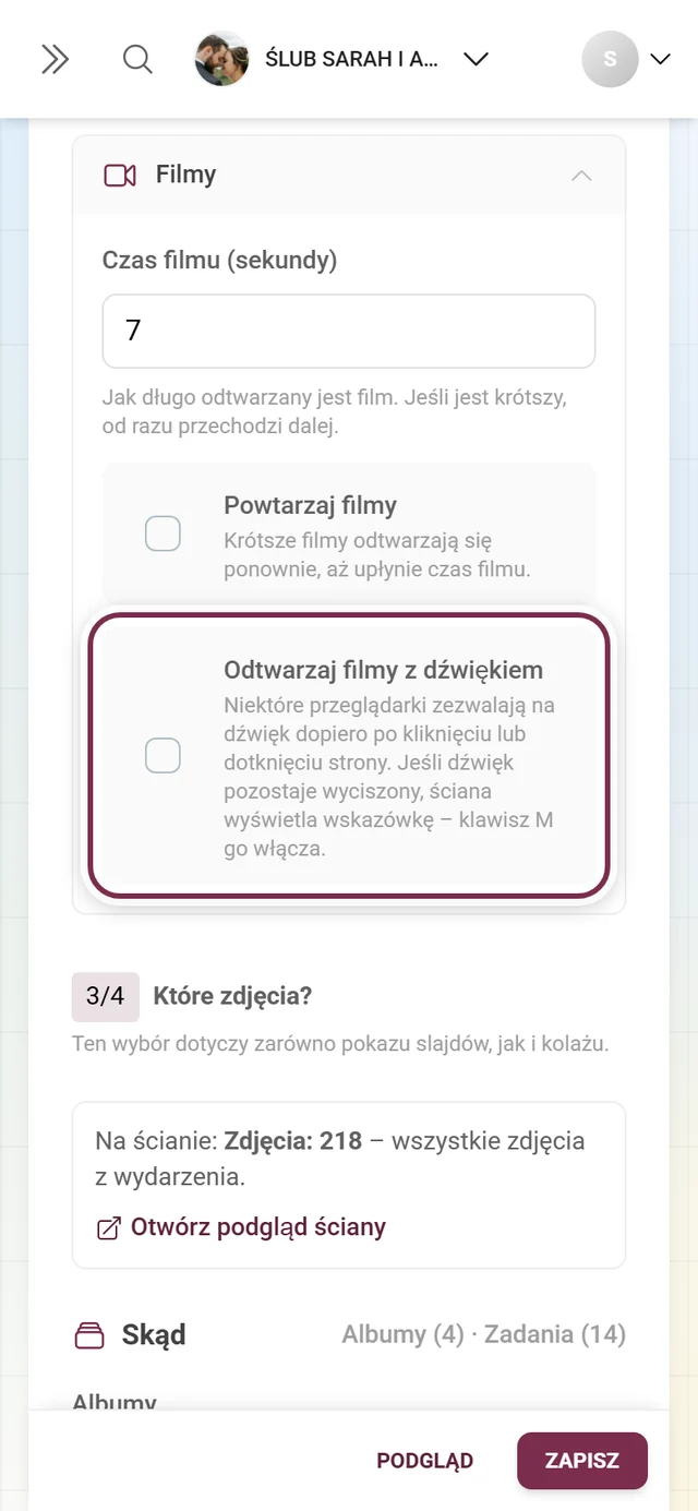 Rozwinięta sekcja Filmy z zaznaczonym przełącznikiem Odtwarzaj filmy z dźwiękiem