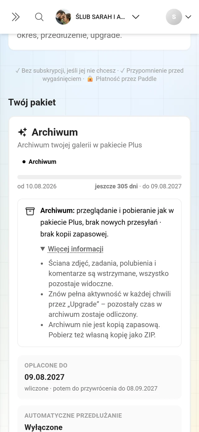 Karta Twój pakiet w archiwum z fioletową ramką, oznaczeniem Archiwum, paskiem okresu i rozwiniętą informacją o archiwum