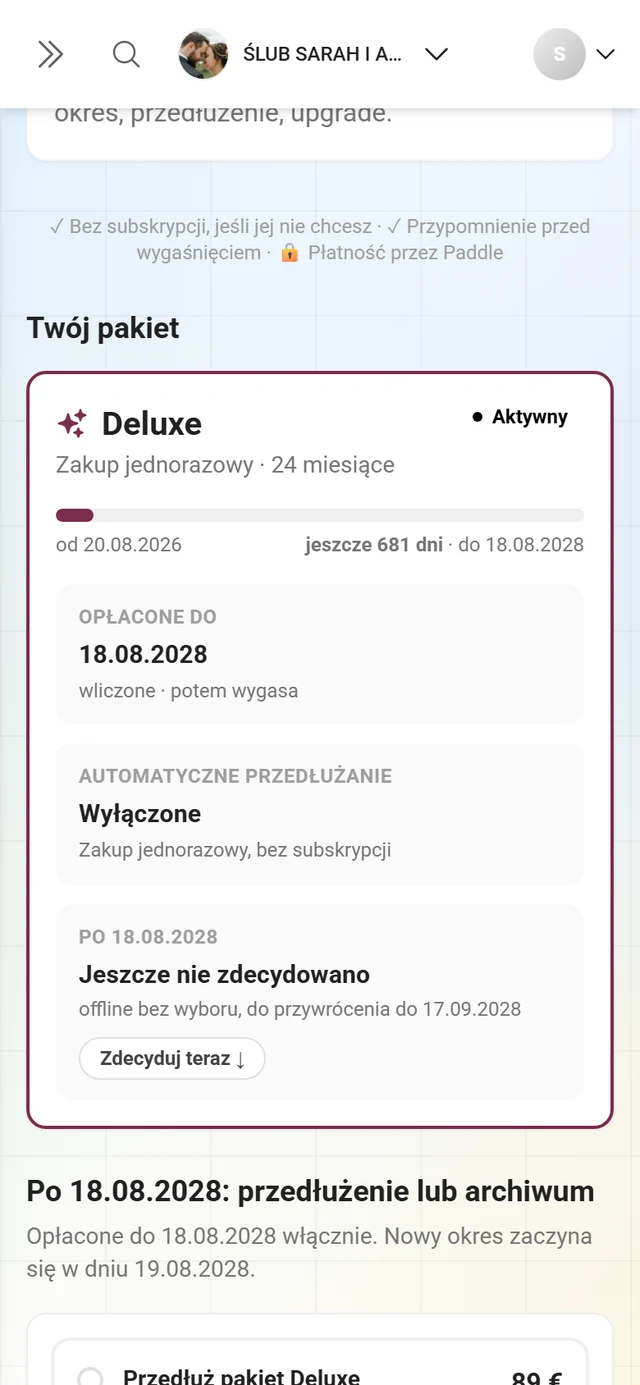 Karta Twój pakiet z nazwą pakietu, oznaczeniem Aktywny, paskiem okresu i kafelkami Opłacone do, Automatyczne przedłużanie i Po dacie wygaśnięcia