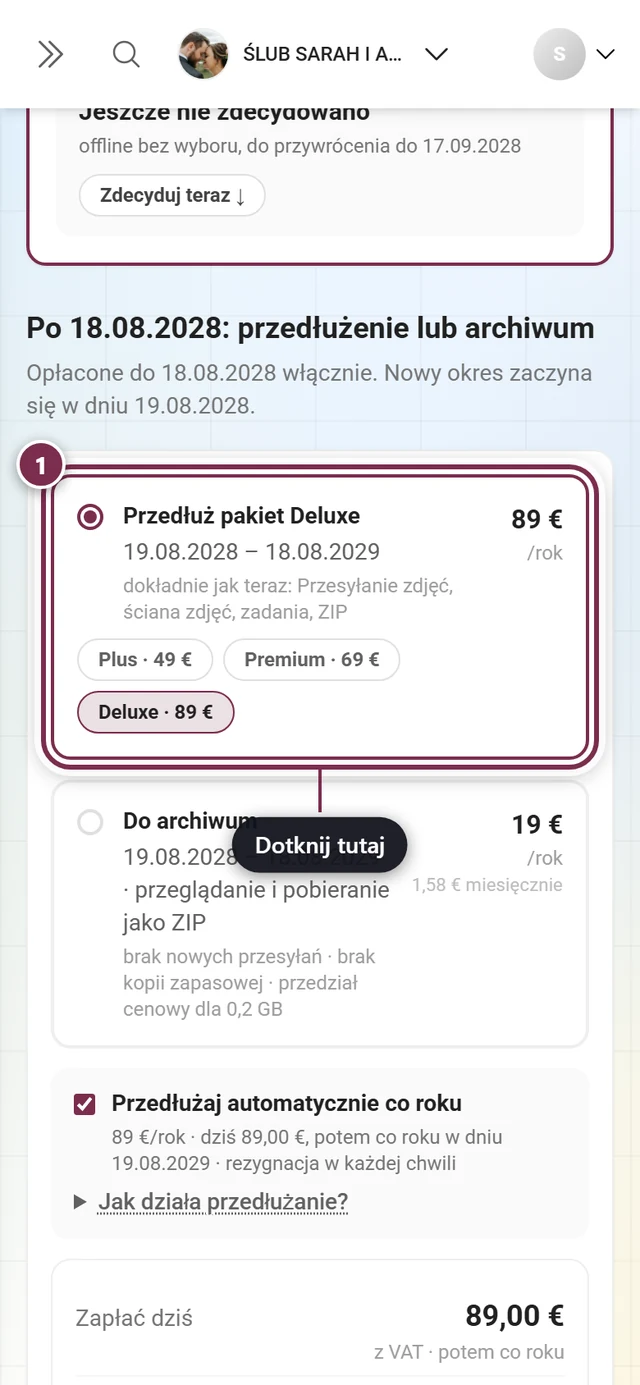Blok Po dacie: przedłużenie lub archiwum z wybranym kafelkiem Przedłuż pakiet, podsumowaniem i przyciskiem Przejdź do płatności