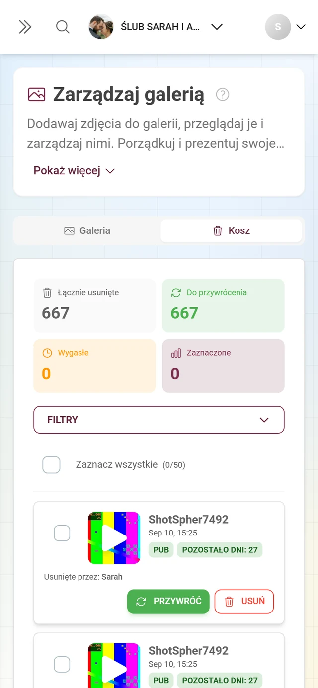 Widok kosza z kafelkami statystyk i listą usuniętych zdjęć