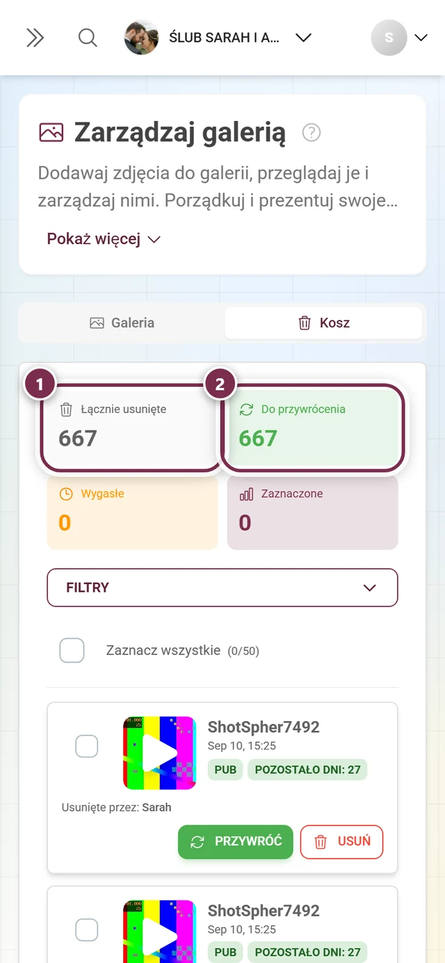 Kafelki statystyk kosza, zaznaczone Łącznie usunięte i Do przywrócenia