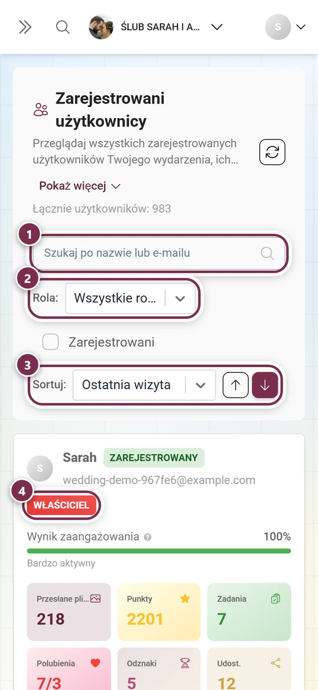 Lista uczestników w formie kart, zaznaczone pole wyszukiwania, filtr ról, sortowanie i chip roli na karcie