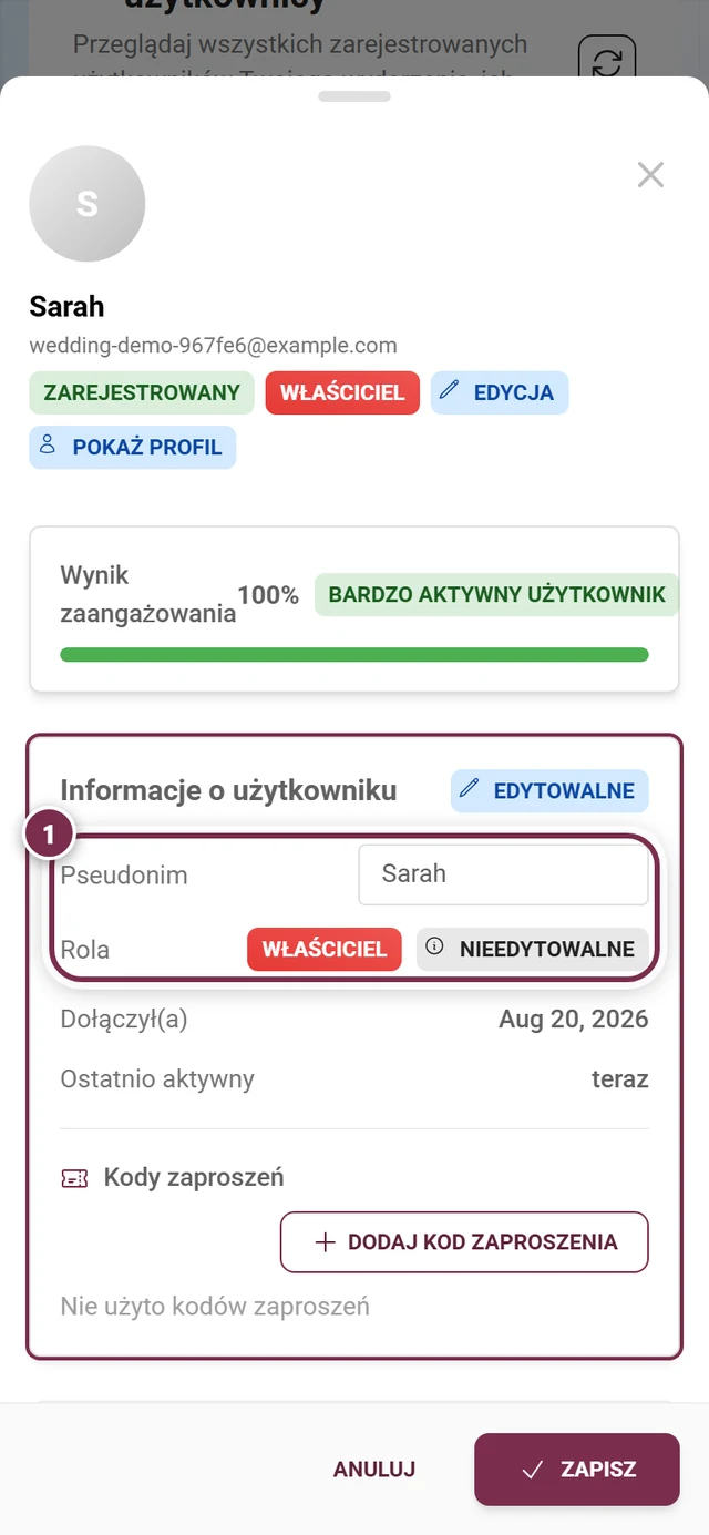 Okno szczegółów uczestnika w trybie edycji z wyróżnionym wierszem roli