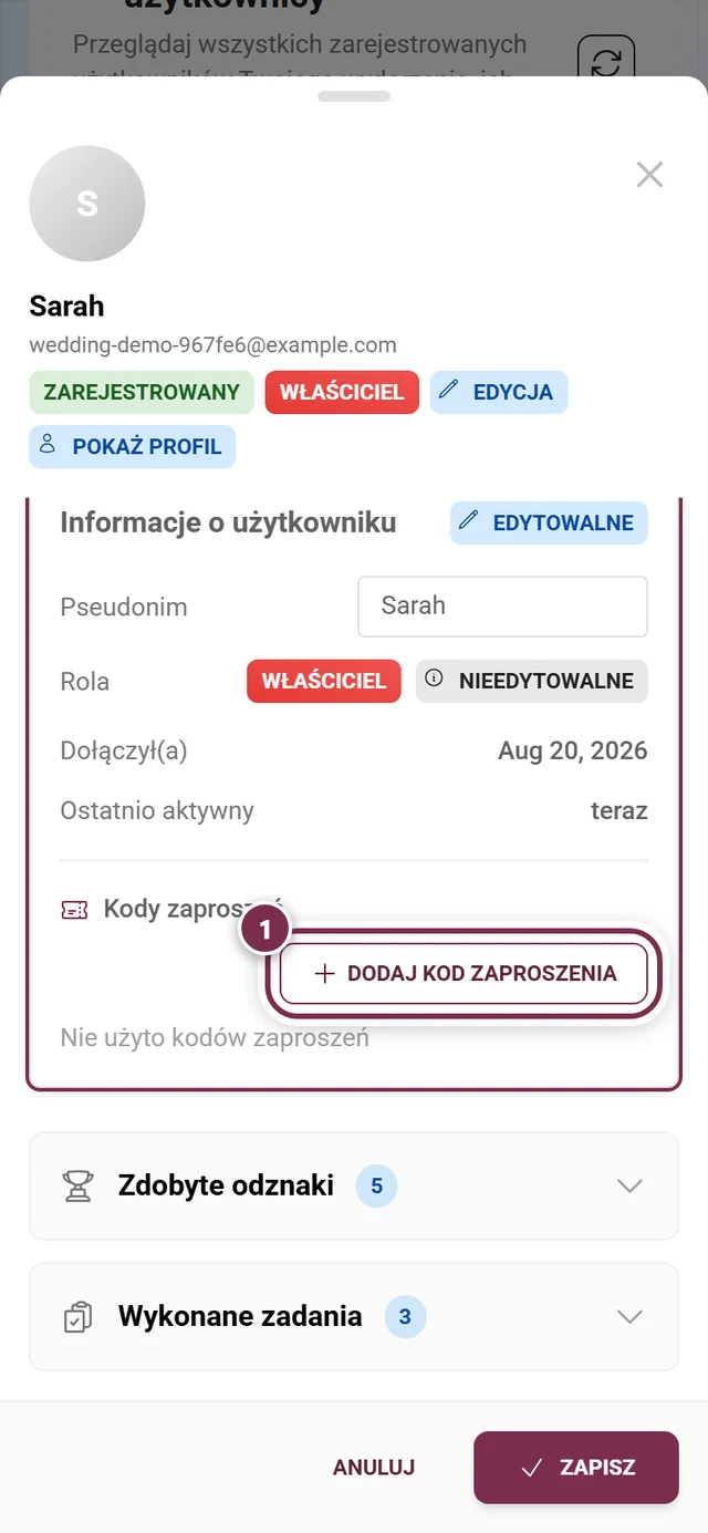 Sekcja Kody zaproszeń w oknie uczestnika z wyróżnionym przyciskiem dodawania