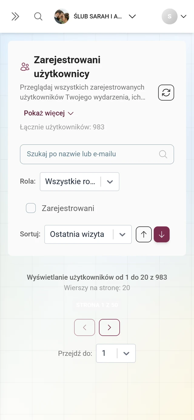 Lista uczestników w widoku tabeli z kolumnami użytkownika, roli, aktywności i dalszych danych