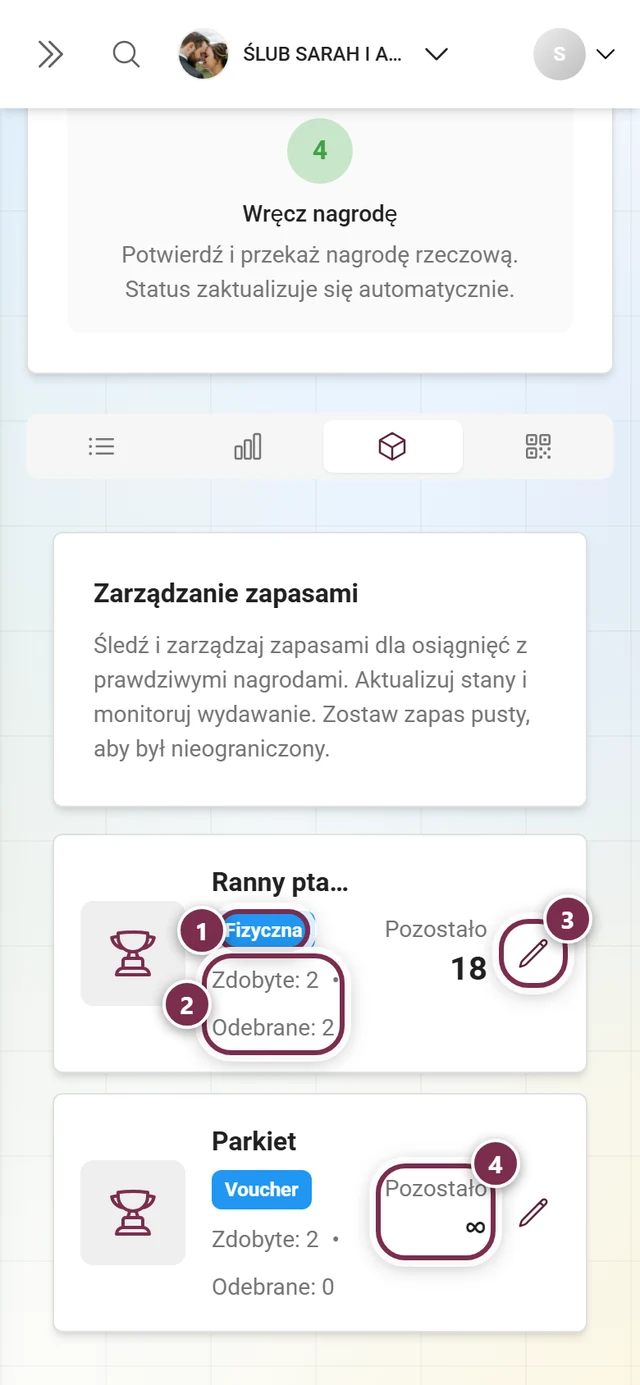 Zakładka Zapasy z zaznaczonym chipem typu, licznikami, ikoną ołówka i nieograniczonym zapasem