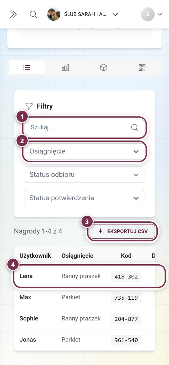 Zakładka Wszystkie nagrody z zaznaczonym wyszukiwaniem, filtrem osiągnięć, przyciskiem eksportu i pierwszym wierszem tabeli