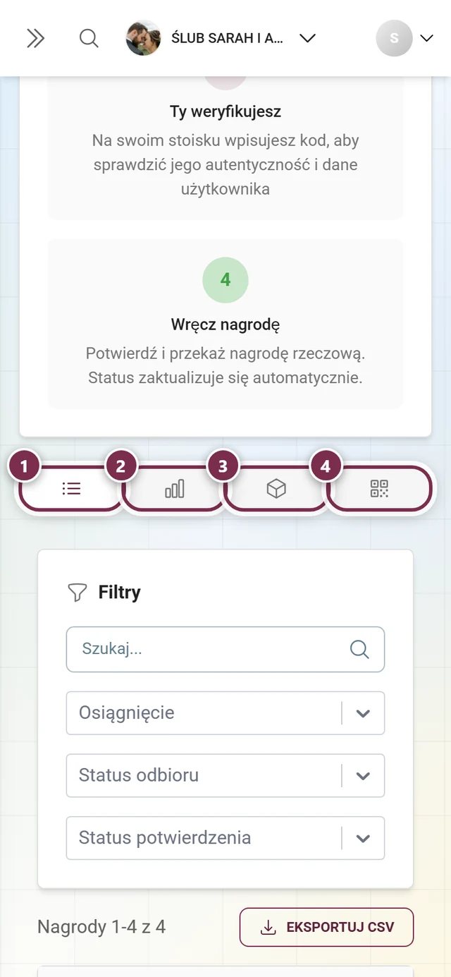 Cztery zakładki strony Prawdziwe nagrody zaznaczone pojedynczo