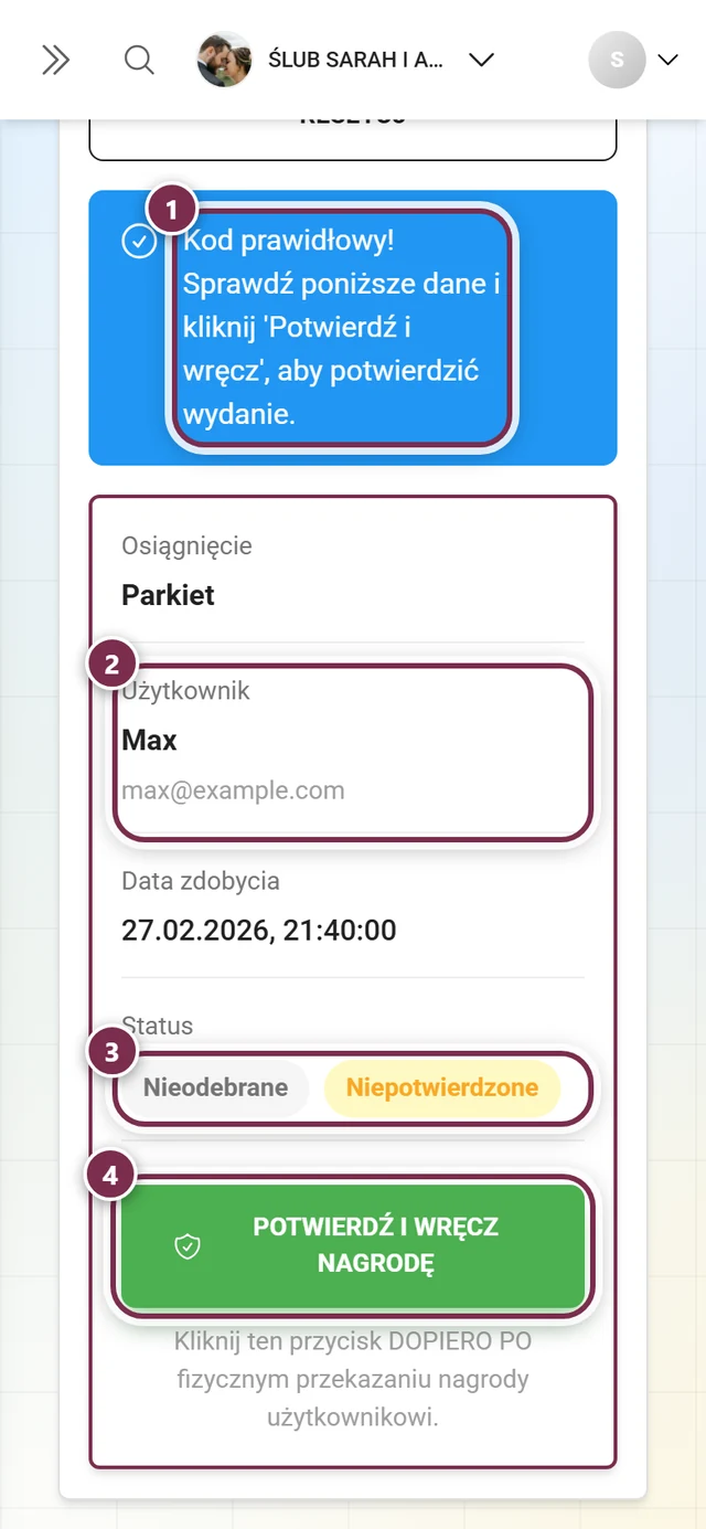 Zakładka Zweryfikuj kod po udanym sprawdzeniu z komunikatem, kartą szczegółów, chipami statusu i zielonym przyciskiem