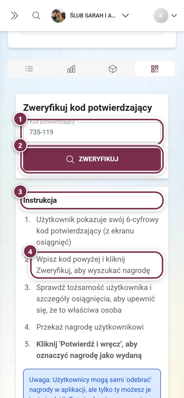 Zakładka Zweryfikuj kod z wpisanym kodem, zaznaczonym polem wprowadzania, przyciskiem Zweryfikuj i instrukcją
