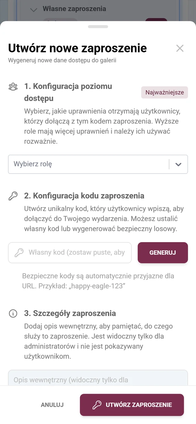 Okno tworzenia zaproszenia z wyborem roli i kodem zaproszenia