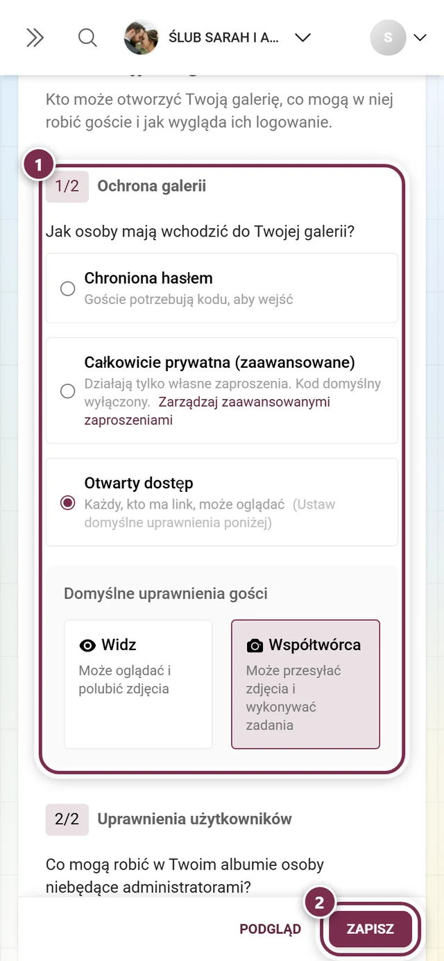 Sekcja Ochrona galerii w zakładce Dostęp z oznaczeniem i paskiem zapisu