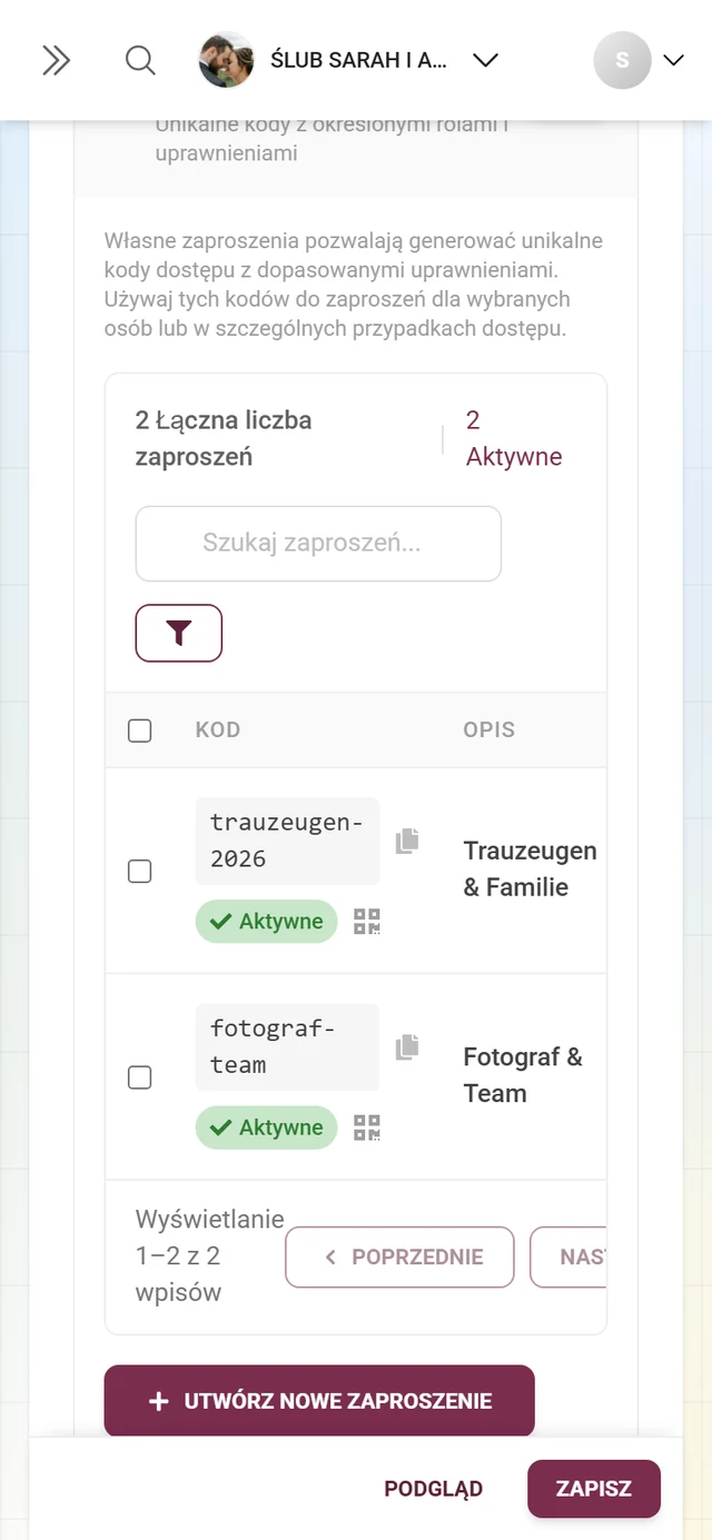 Lista kodów zaproszeń z ich rolami