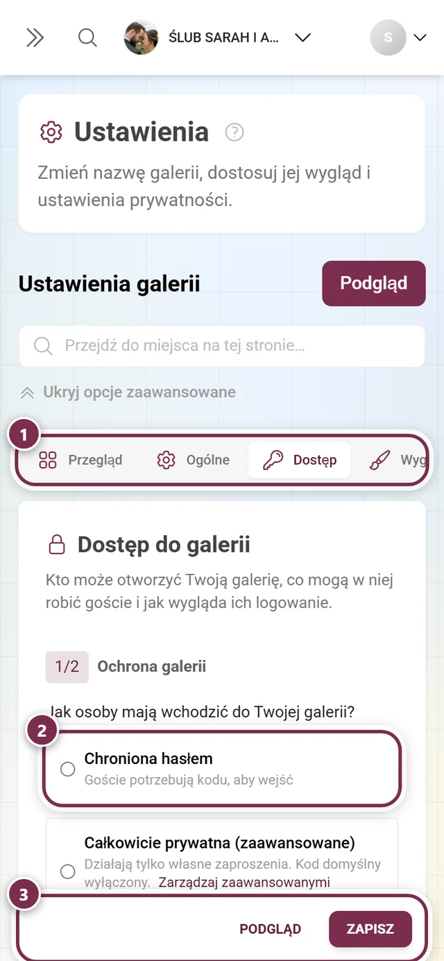 Zakładka Dostęp w ustawieniach galerii z ochroną galerii, uprawnieniami użytkowników i kodami zaproszeń