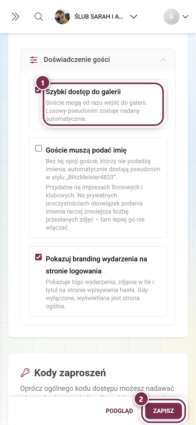 Karta Dostęp z zaznaczonym wierszem Szybki dostęp do galerii i zaznaczonym przyciskiem Zapisz zmiany
