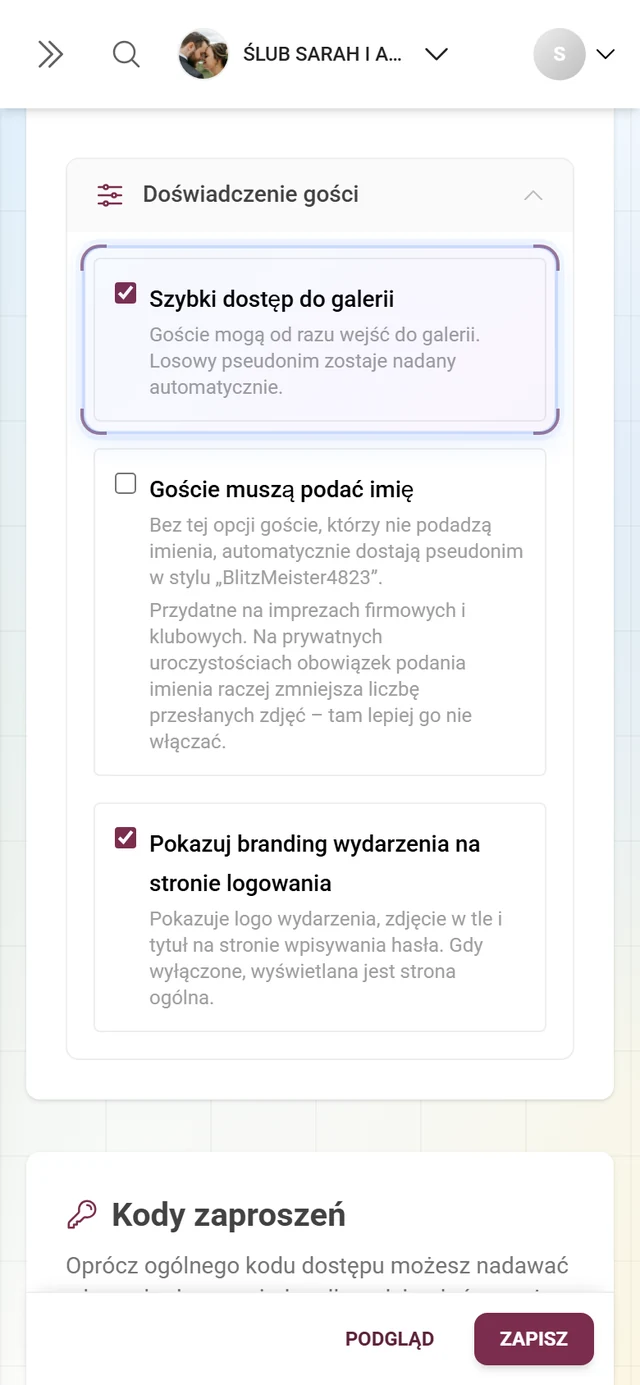 Rozwinięta sekcja Doświadczenie gości z polami Szybki dostęp do galerii, Goście muszą podać imię i Pokazuj branding wydarzenia na stronie logowania
