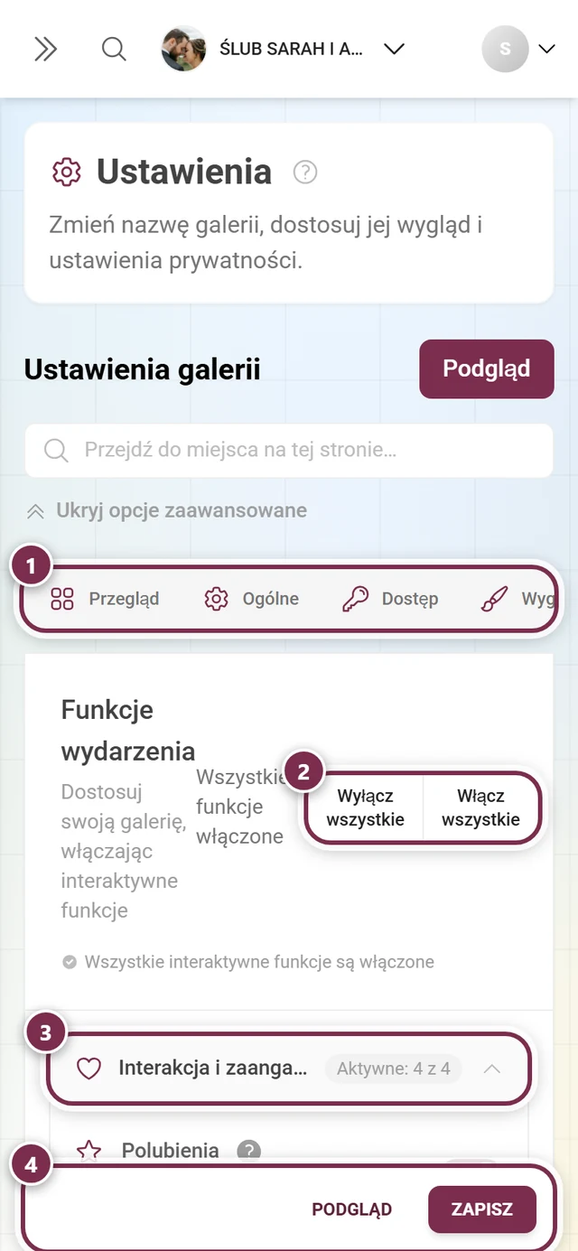Zakładka Funkcje galerii z rozwijanymi sekcjami i przełącznikami dla polubień, komentarzy, pobierania i innych