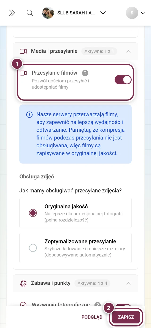 Karta funkcji Przesyłanie filmów z zaznaczonym przełącznikiem i paskiem zapisu