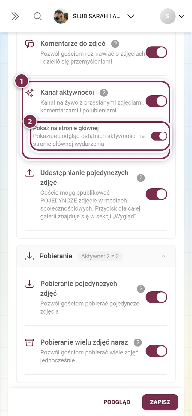Karta Kanał aktywności z przełącznikiem i przełącznikiem podrzędnym Pokaż na stronie głównej