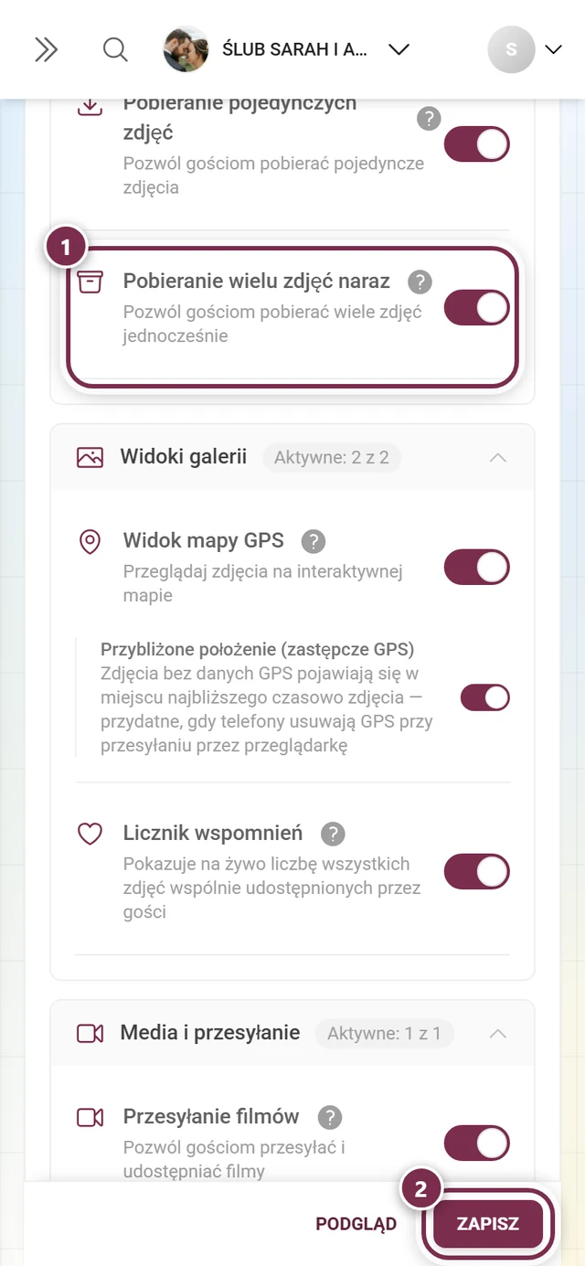 Karta funkcji pobierania zbiorczego z zaznaczonym przełącznikiem i paskiem zapisu