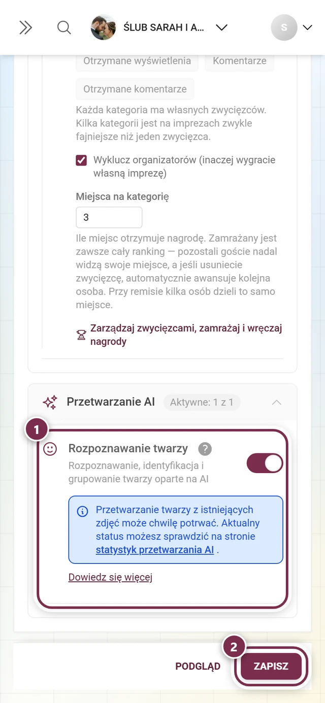 Karta funkcji Rozpoznawanie twarzy z zaznaczonym przełącznikiem i paskiem zapisu