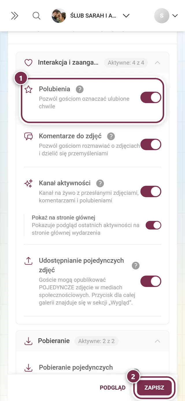 Karta funkcji Polubienia z zaznaczonym przełącznikiem i paskiem zapisu