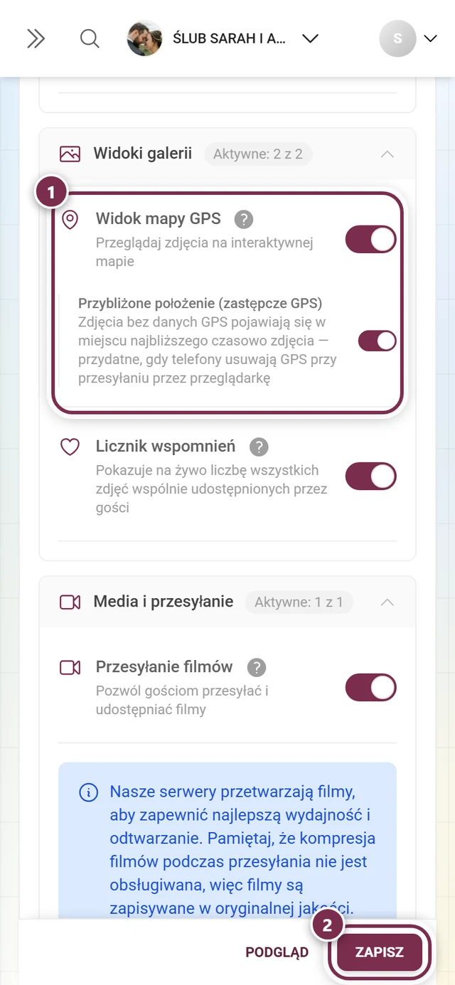 Karta funkcji Widok mapy GPS z zaznaczonym przełącznikiem i paskiem zapisu