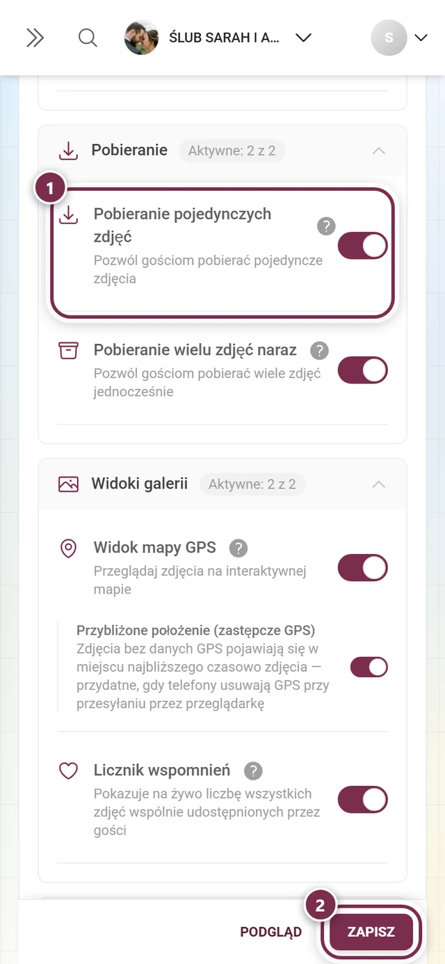 Ustawienia: Funkcje z wyróżnionym przełącznikiem Pobieranie pojedynczych zdjęć