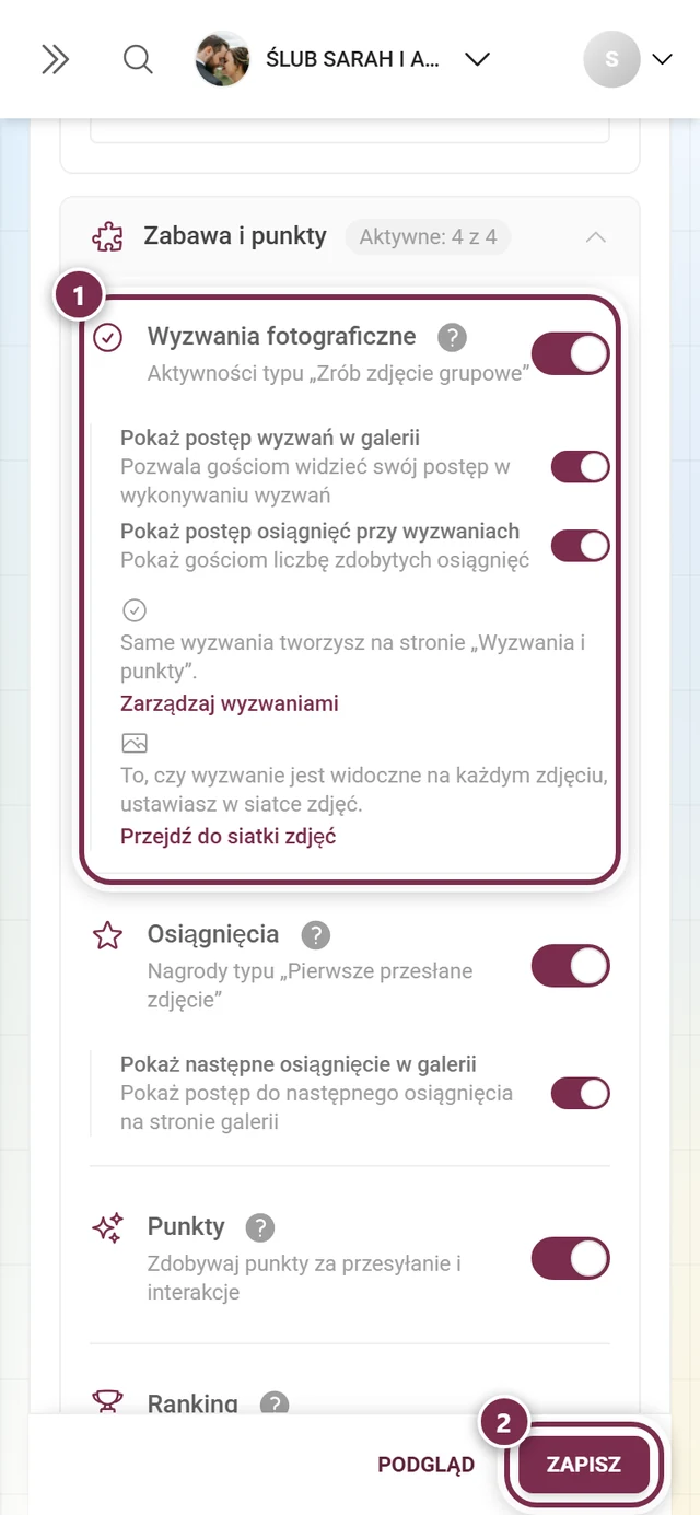 Karta funkcji Wyzwania fotograficzne z zaznaczonym przełącznikiem i paskiem zapisu