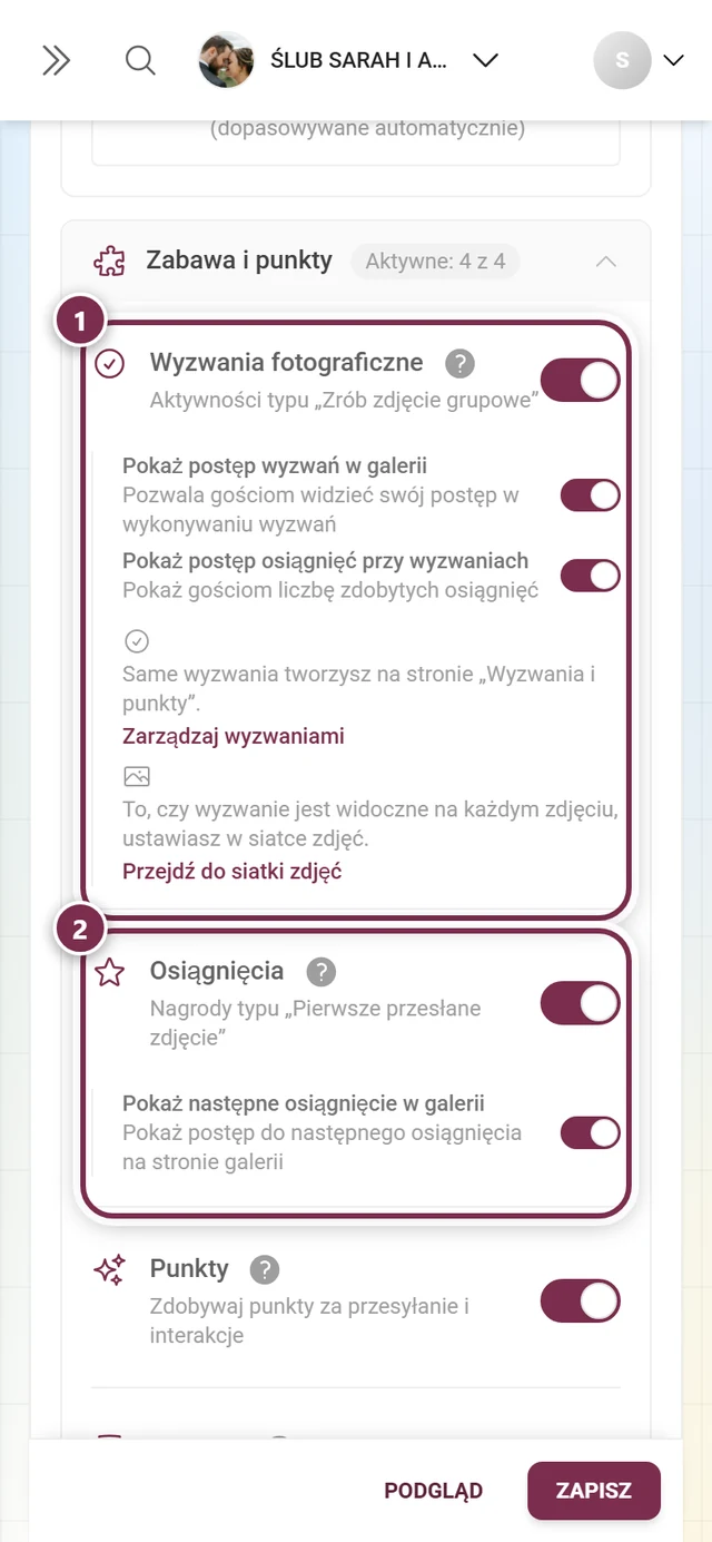 Sekcja Zabawa i punkty z wyzwaniami fotograficznymi, osiągnięciami, punktami i rankingiem