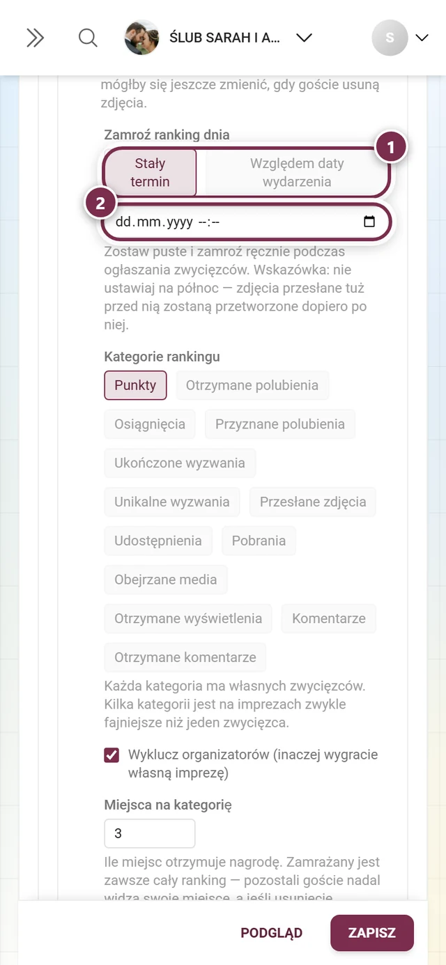 Dwa tryby Stały termin i Względem daty wydarzenia z polem daty poniżej