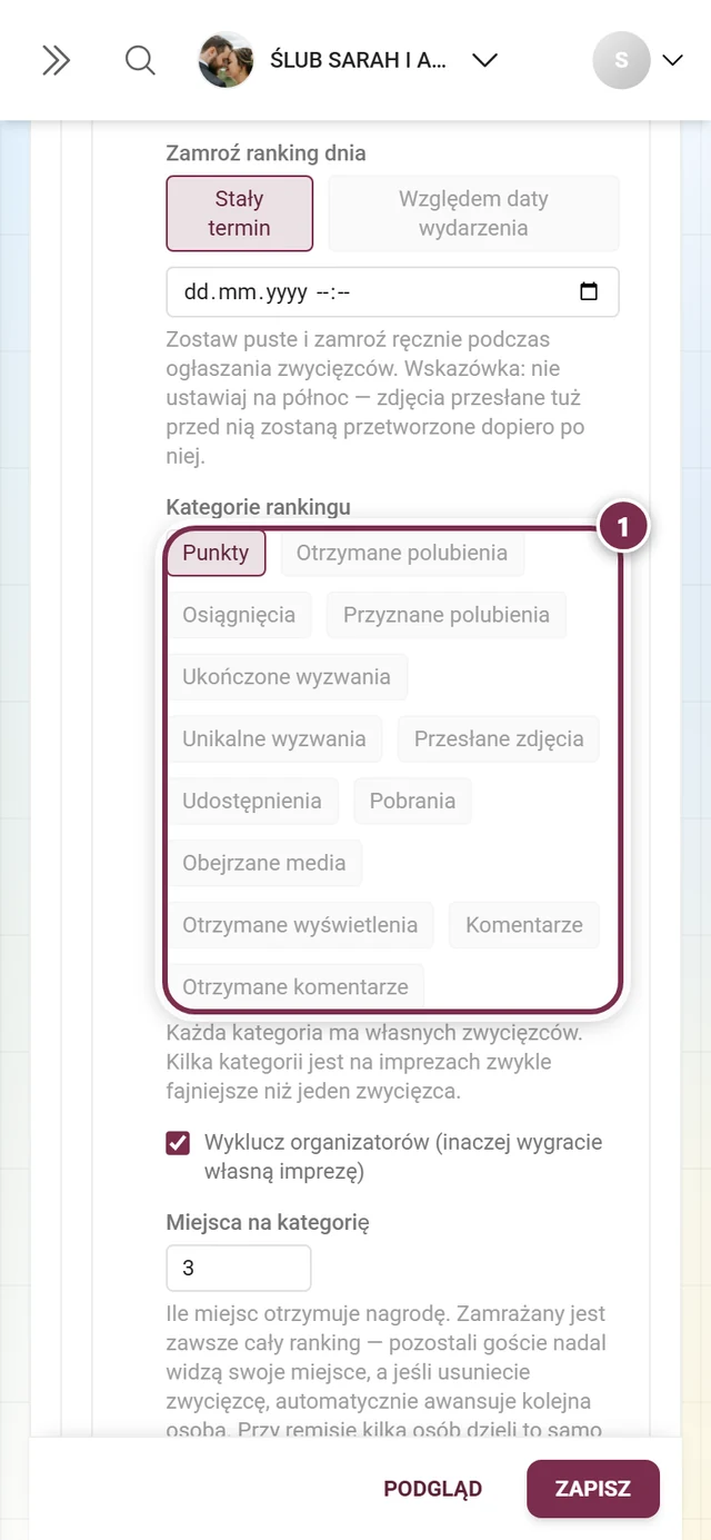 Trzynaście kategorii rankingu jako chipy, wybrane są Punkty, kilka jest wyszarzonych