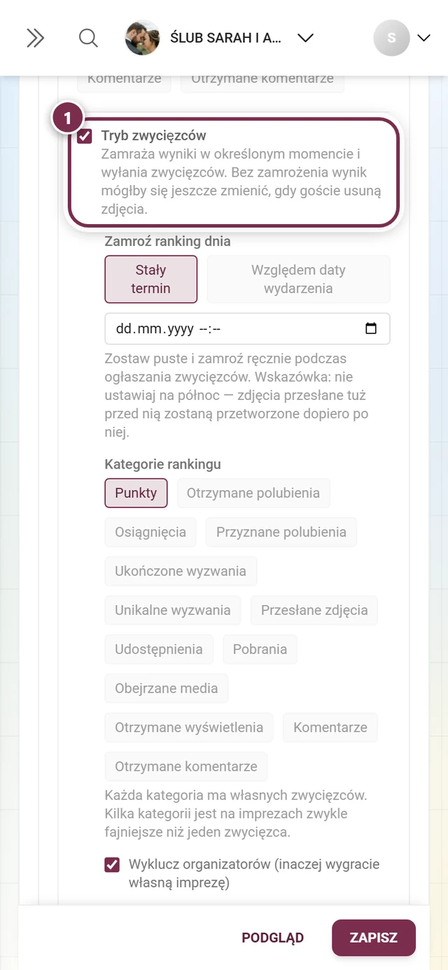 Pole Tryb zwycięzców w karcie Ranking, pod nim tekst objaśniający