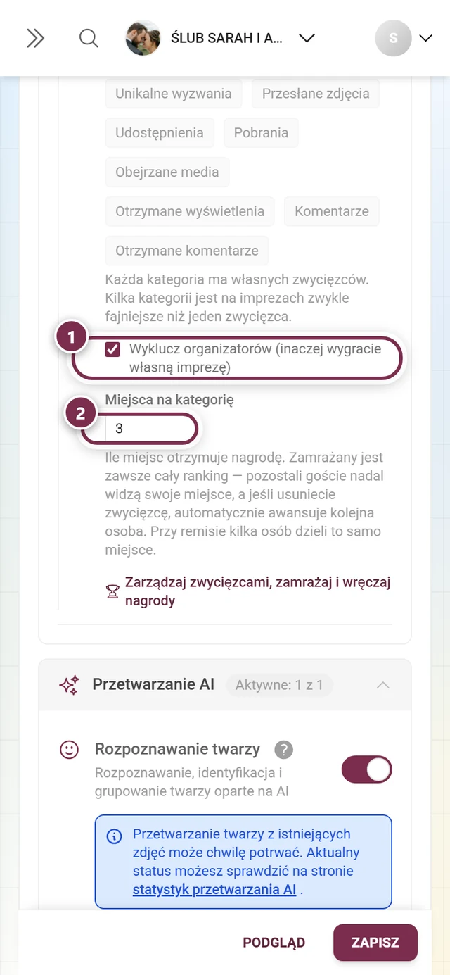 Pole Wyklucz organizatorów, a pod nim pole liczbowe Miejsca na kategorię z wartością 3