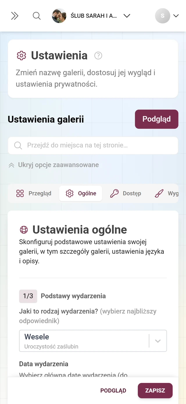 Zakładka Ogólne w ustawieniach galerii z sekcjami Podstawy wydarzenia, Ustawienia języka i Zawartość galerii