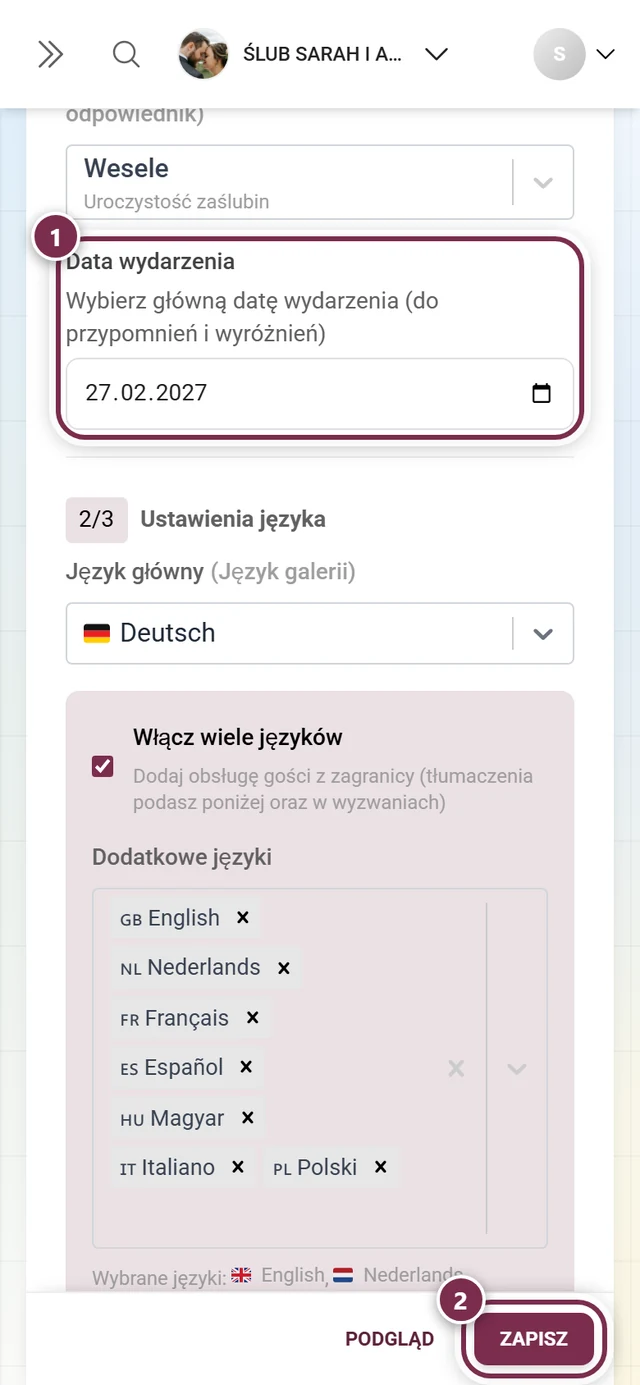 Pole Data wydarzenia w ustawieniach ogólnych z zaznaczeniem i paskiem zapisu