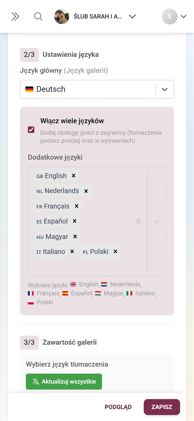 Sekcja 2/3 Ustawienia języka z językiem głównym i dodatkowym językiem angielskim