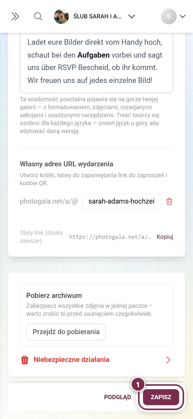 Przyklejony pasek zapisu na dole ustawień