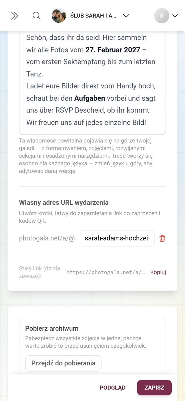 Własny adres URL wydarzenia z polem do wpisania i stałym linkiem pod spodem