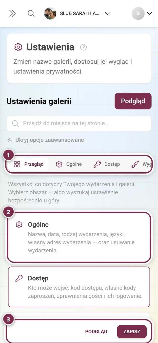 Zakładka Przegląd w ustawieniach galerii z jednym kafelkiem na każdy obszar